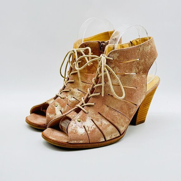 Paul Green Shoes Womens 7.5 Gold Leather Causal Cage Lace Up Open Toe Sandals - Picture 3 of 12